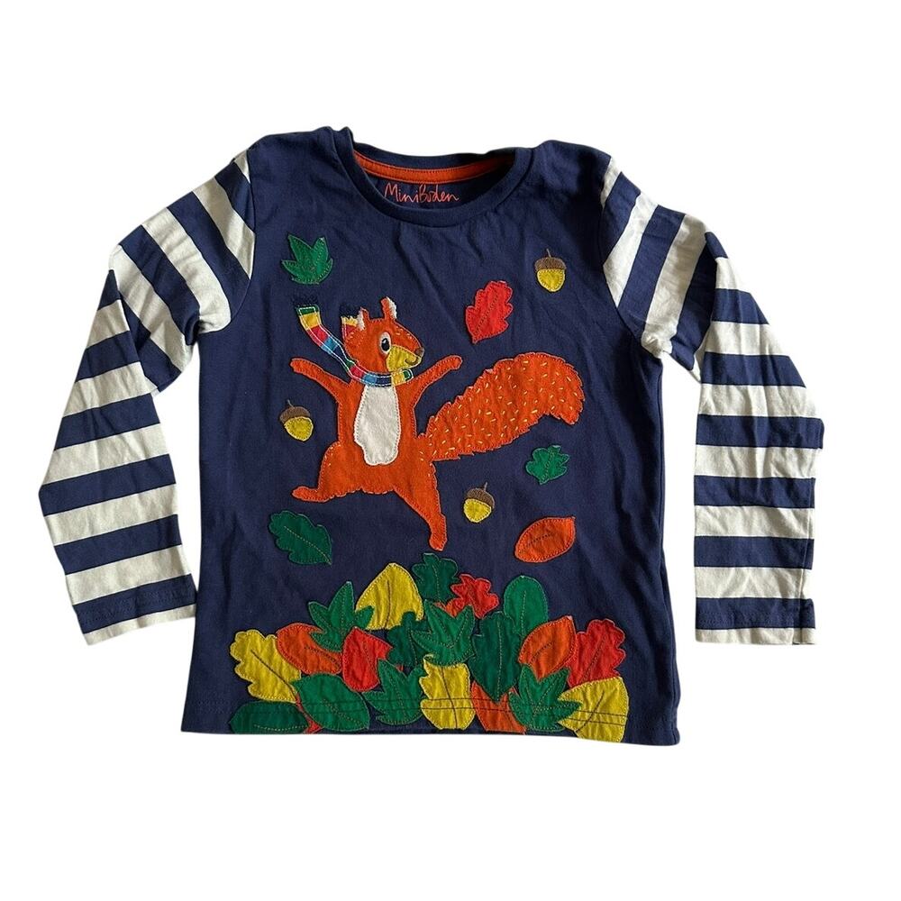 Mini Boden Squirrel in Leaves Fall Fun Applique Long Sleeve T Shirt Size 4-5